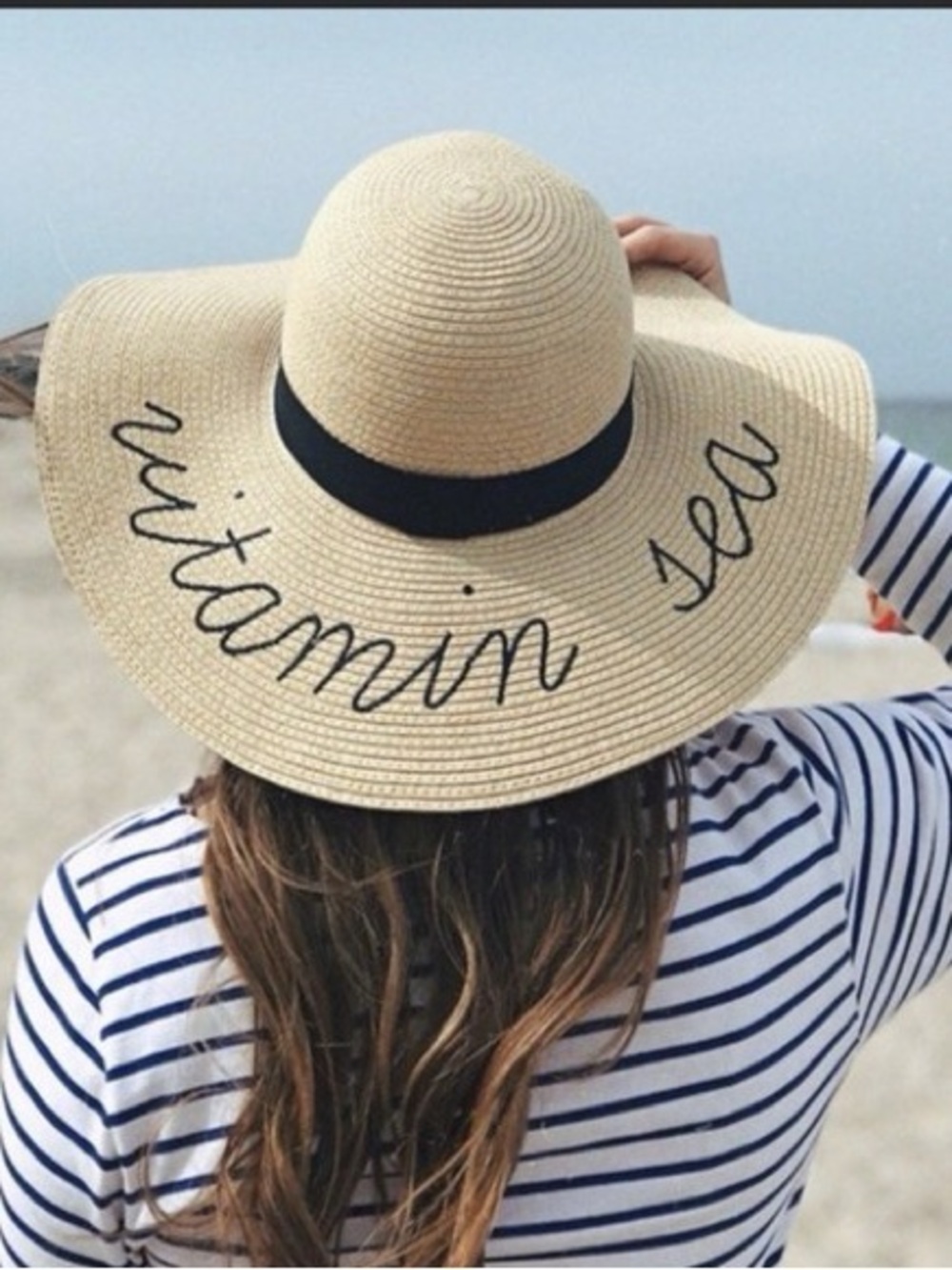 NWT J. Crew 'Vitamin Sea' Straw Wide Brim Sun Hat - Natural & Navy Blue